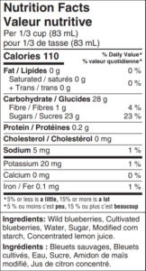 Blueberry pie filling nutrition facts panel