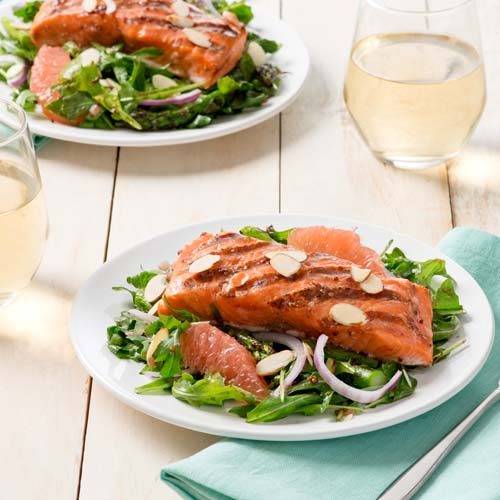 Grilled Salmon, Asparagus And Arugula Salad With Berry Balsamic Vinaigrette