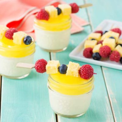 Lemon Cheesecake Yogurt Dip With Fruit And Angel Cake Skewers