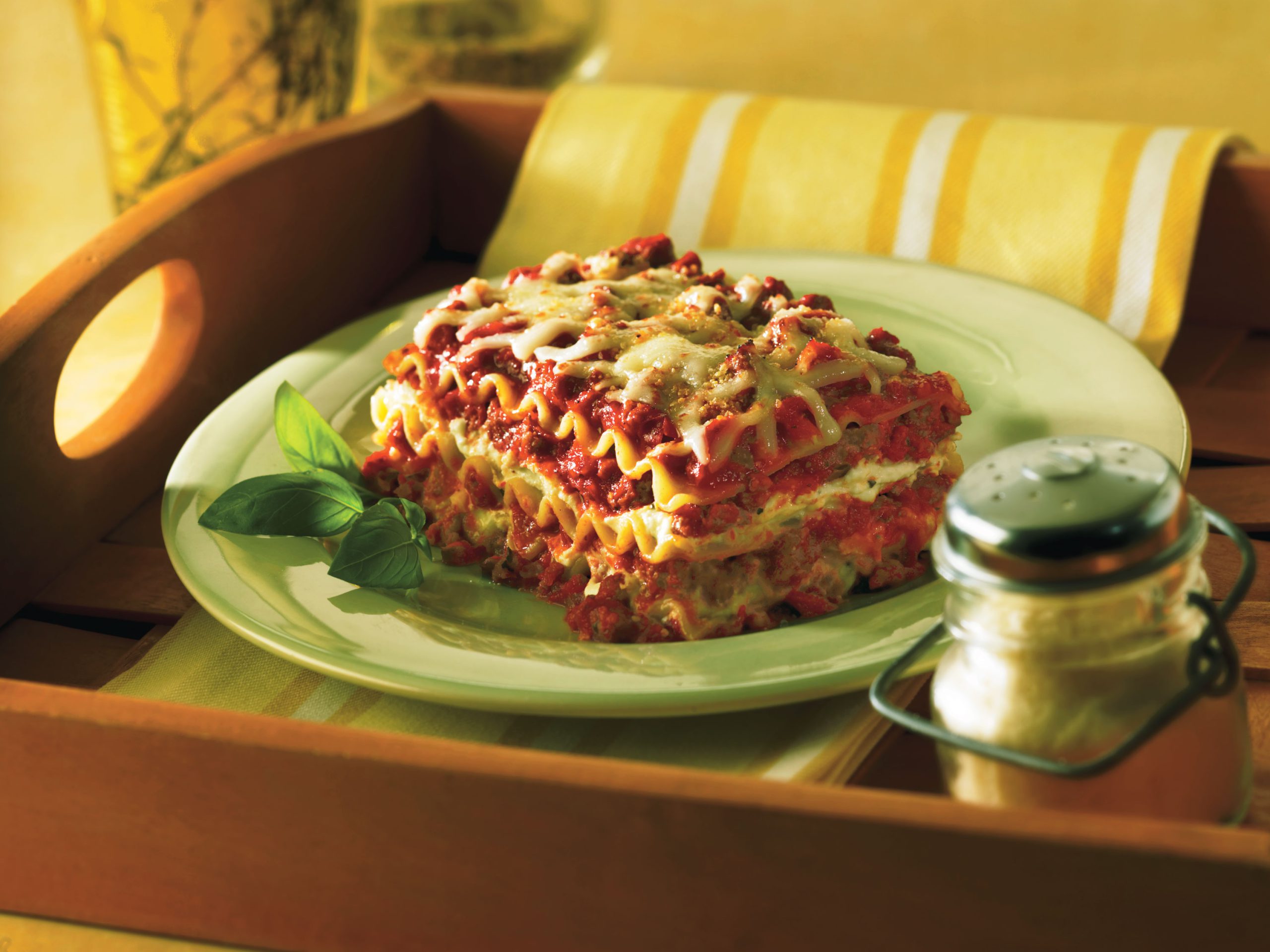 No-boil classic lasagna with layers of noodles, tomato sauce, ground beef, and cheese