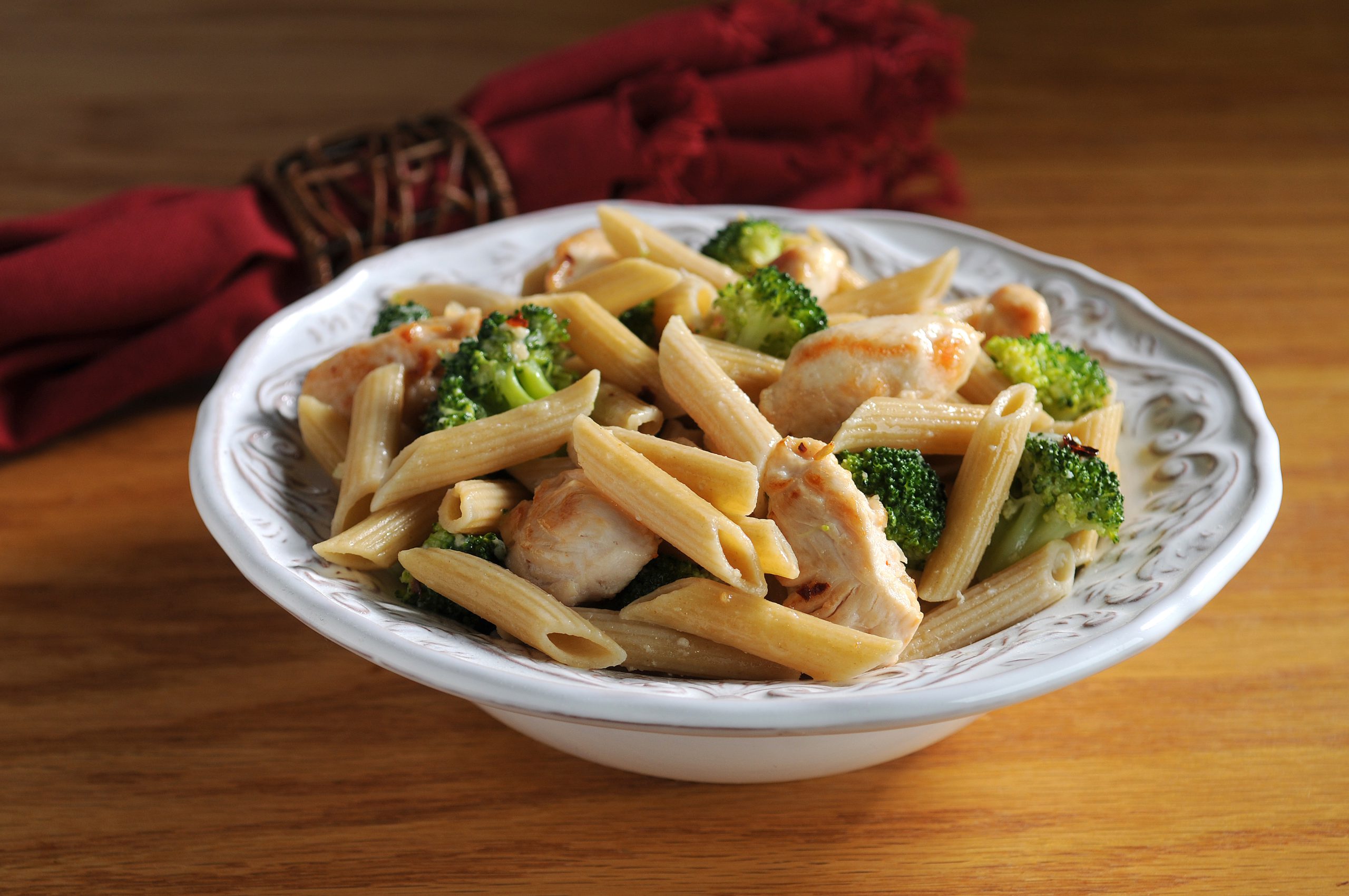 Chicken, broccoli, and penne with garlic and red pepper flakes