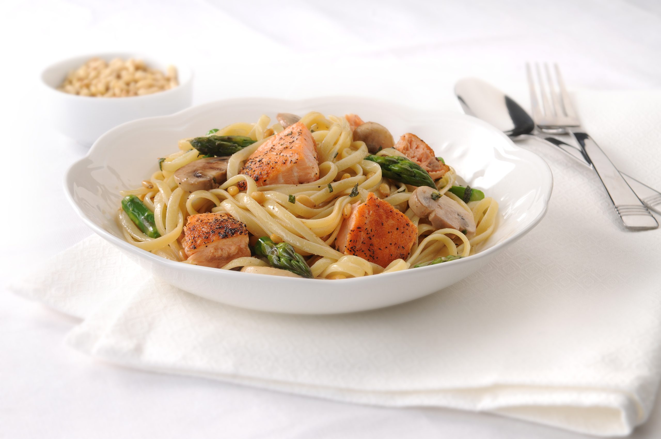 Linguine with salmon and fresh asparagus in a brown butter sauce