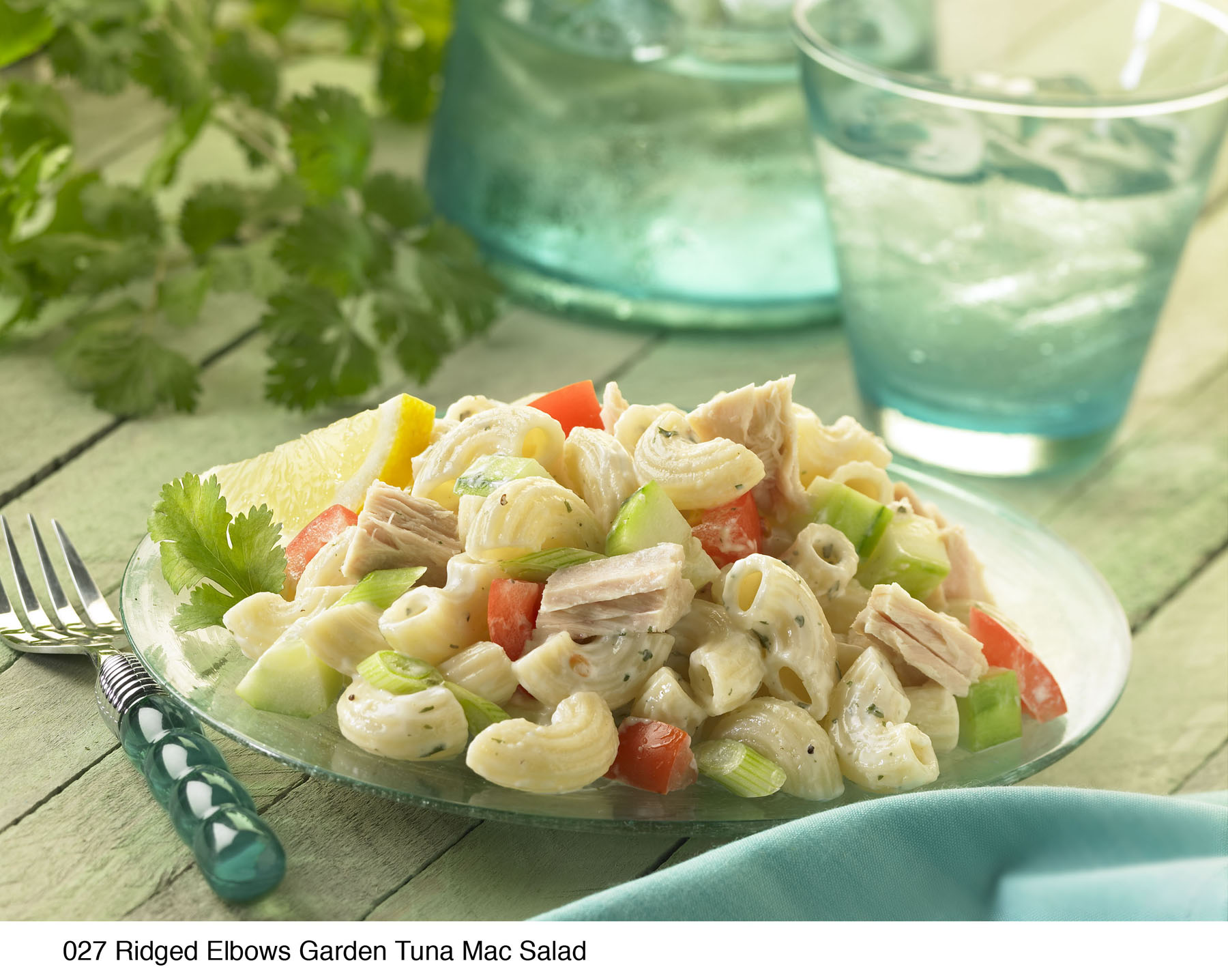 Elbows paired with tuna, tomatoes, cucumber, and green onions in a mayonnaise sauce