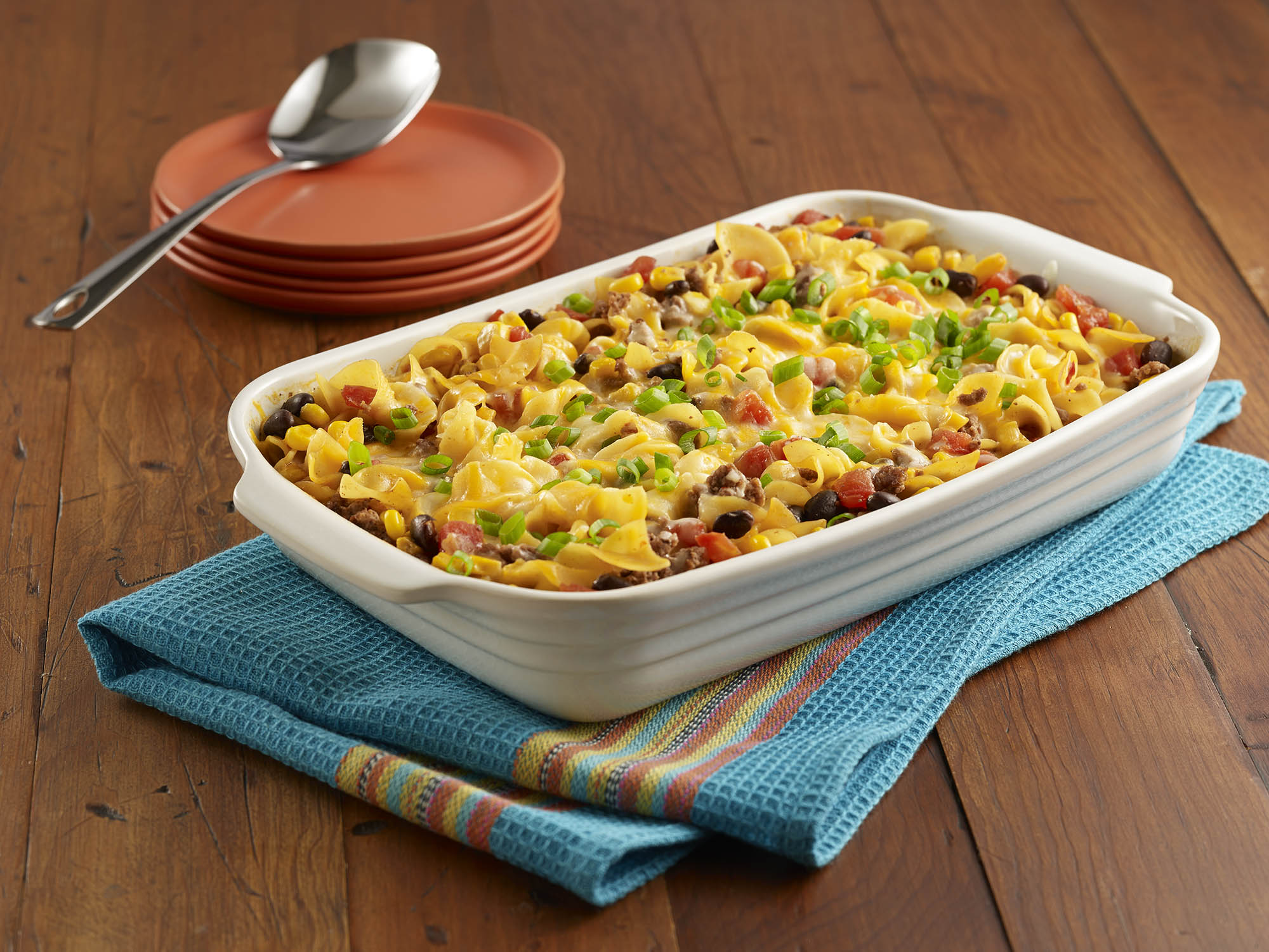 Beef Taco Noodle Casserole using Muellers Extra Wide Egg Noodles